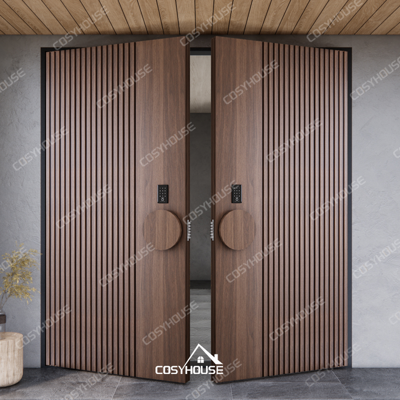Slatted walnut wood double entry door with round handles and smart lock