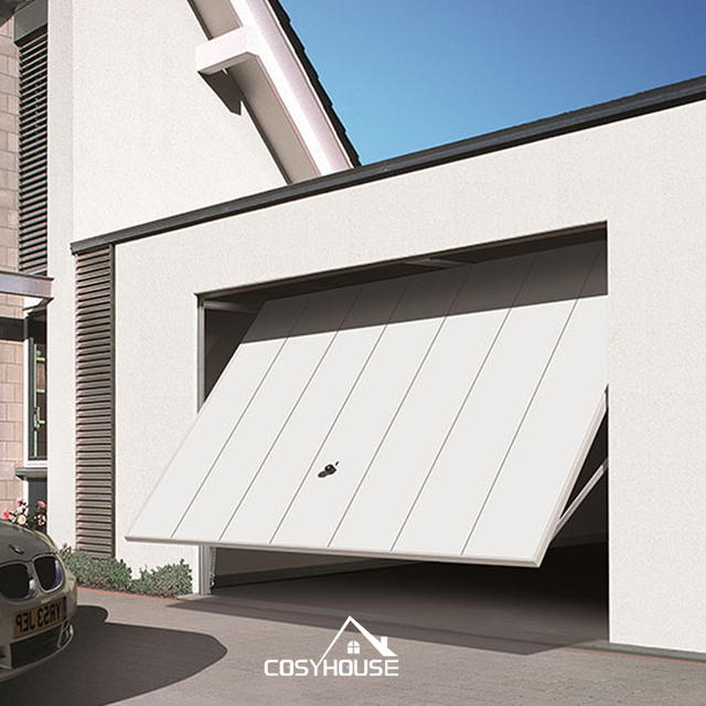 Modern white aluminum overhead garage door with automatic lifting system for villa