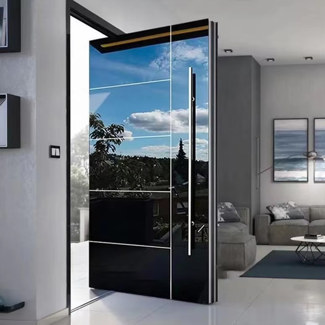High gloss stainless steel pivot front door with mirror finish