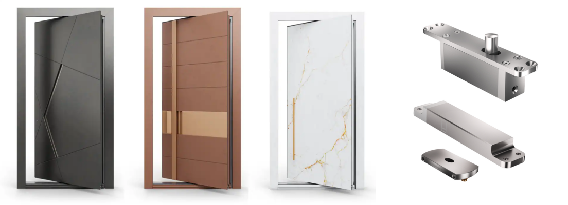 Diagram showing the pivot door mechanism with floor and ceiling anchors, illustrating the offset axis rotation for smooth operation, designed by COSYHOUSE