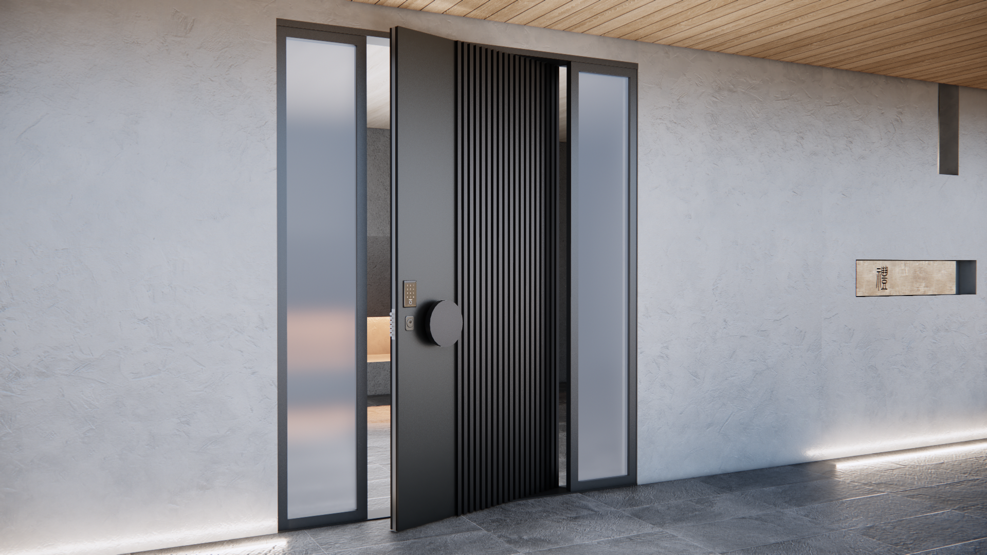 A stunning modern pivot door with large glass panel, designed by COSYHOUSE for a luxury entrance
