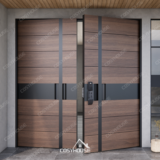 Horizontal panel walnut wood double entry door with metal accents and smart lock