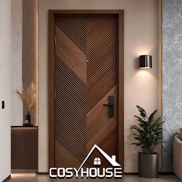 Modern black walnut interior wooden door with geometric groove design