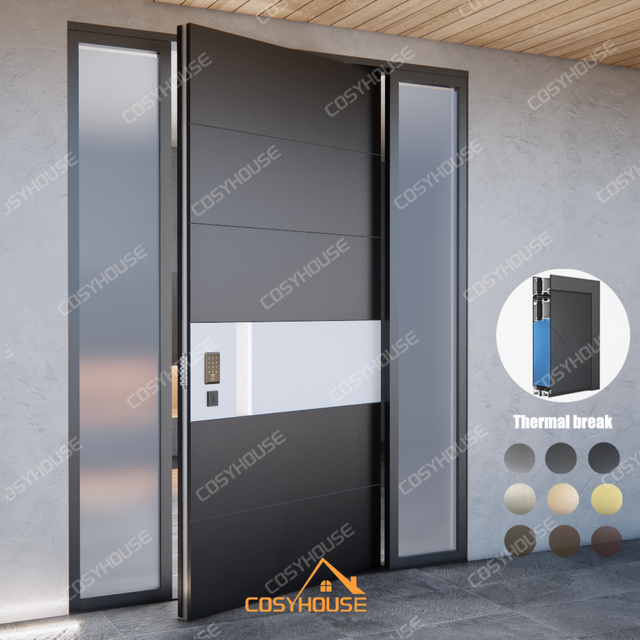 Thermal break aluminum pivot entry door with white accent and dual frosted glass