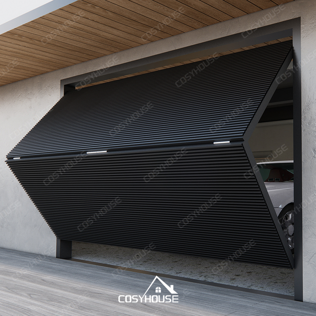 Fluted aluminum garage door with electric lift system and modern architectural design