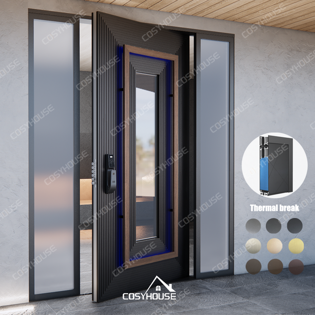 Luxury cast aluminum entry door with thermal break and glass side panels