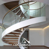 Curved glass staircase with wood treads and white structure for luxury villa interior