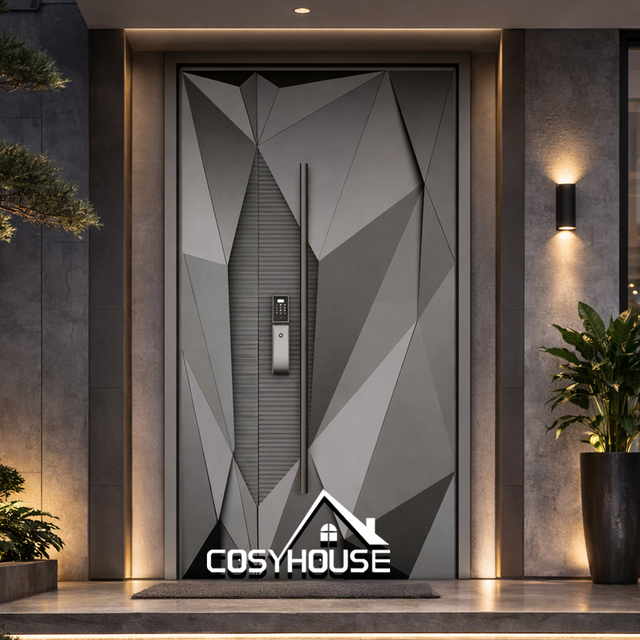 Matte black unequal double aluminum entrance door for modern home