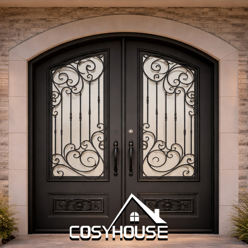 Exterior iron double door with privacy glass for house entrance and black metal frame