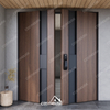 Horizontal Panel Walnut Wood Double Entry Door with Metal Accents