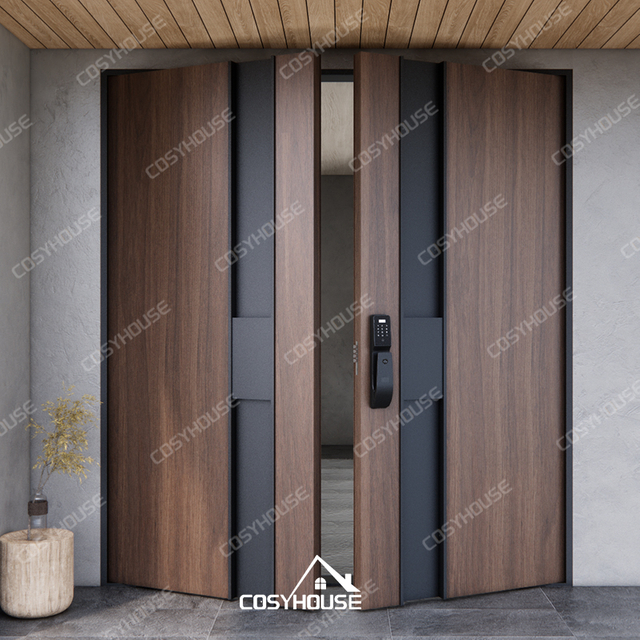 Modern walnut wood double entry door with minimalist panel design and smart lock