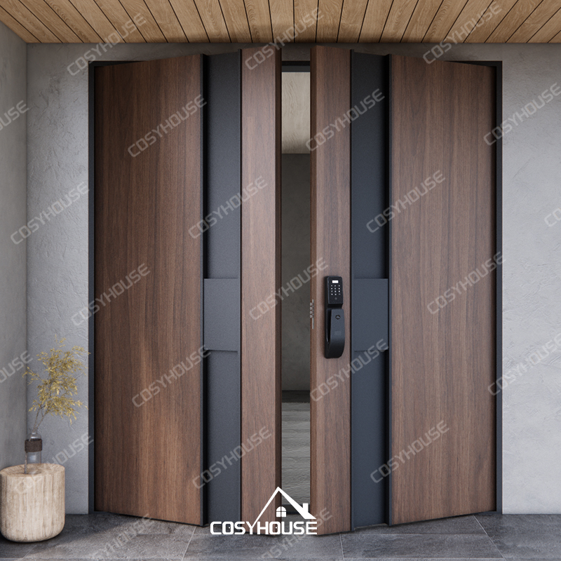 Modern walnut wood double entry door with minimalist panel design and smart lock