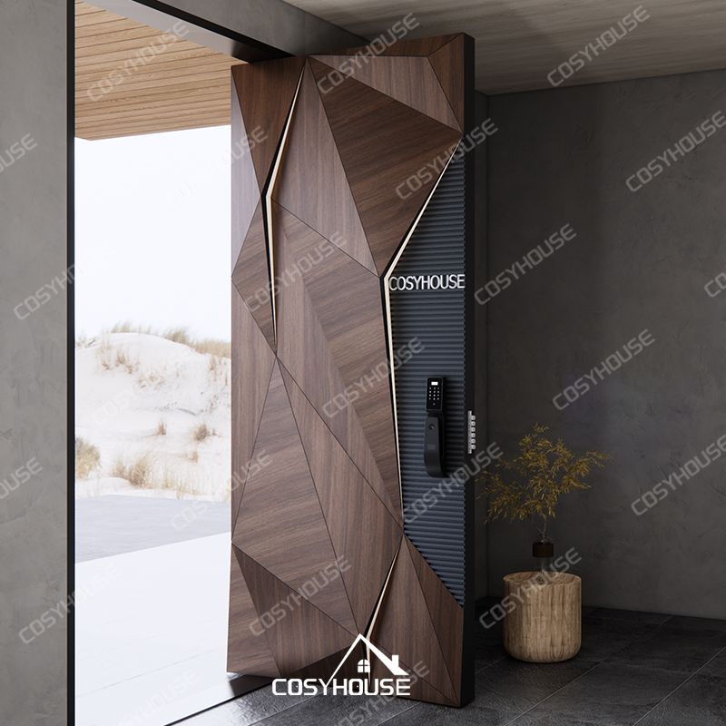 3D geometric cast aluminum entry door with wood grain finish and LED lighting