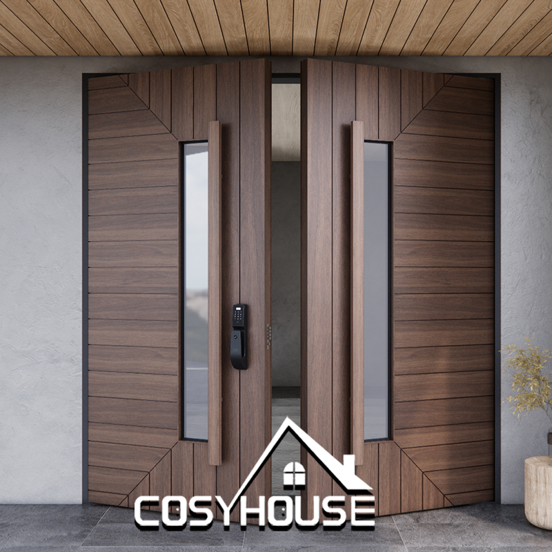 Modern walnut wood double entry door with glass panels