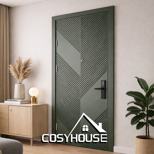 Decorative fluted interior door with geometric chevron pattern