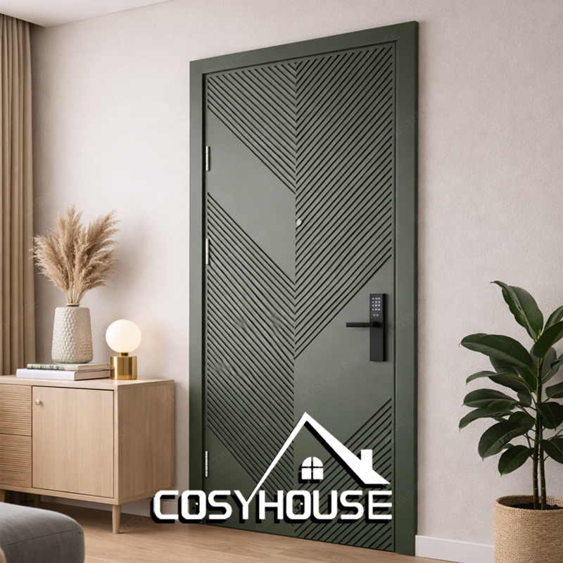Decorative fluted interior door with geometric chevron pattern