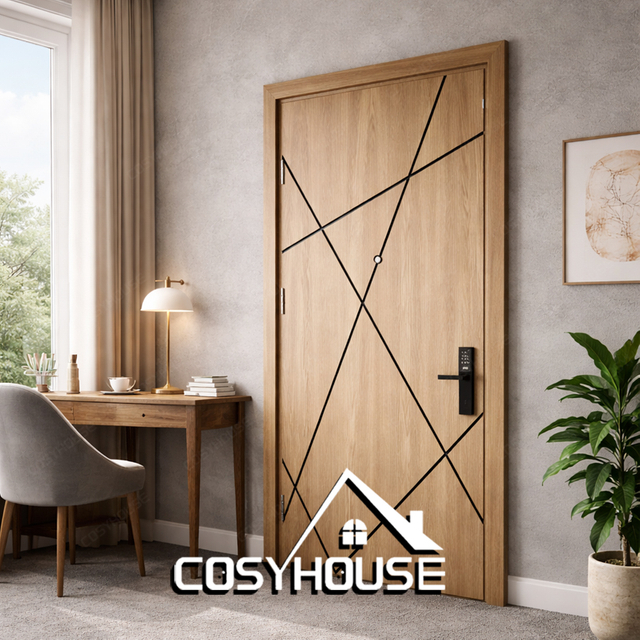 Nordic style interior door with abstract black line inlay