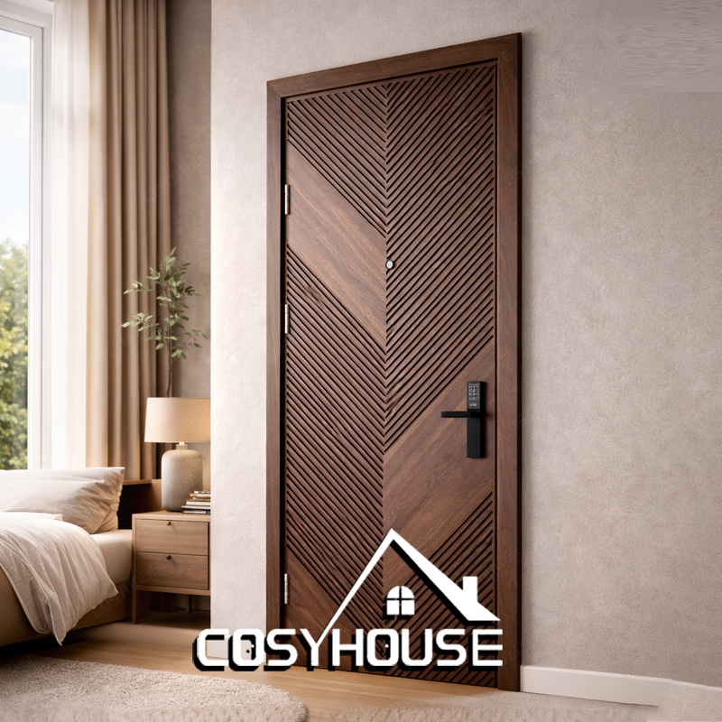 Dark wood chevron interior door for high-end residence