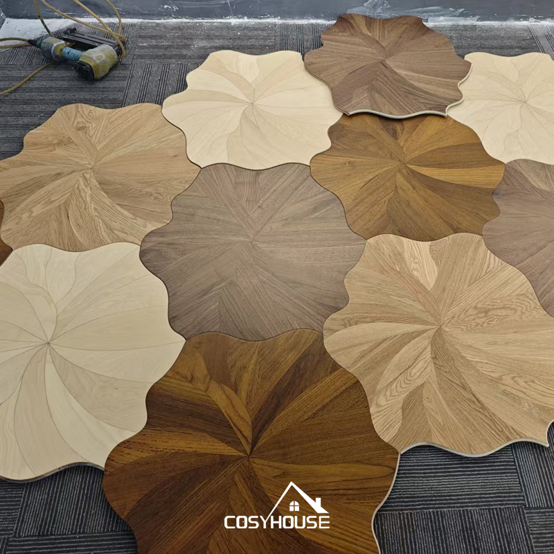 Dark parquet flooring with mosaic inlay