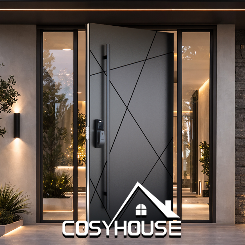 Matte black minimalist exterior door with glass sidelights