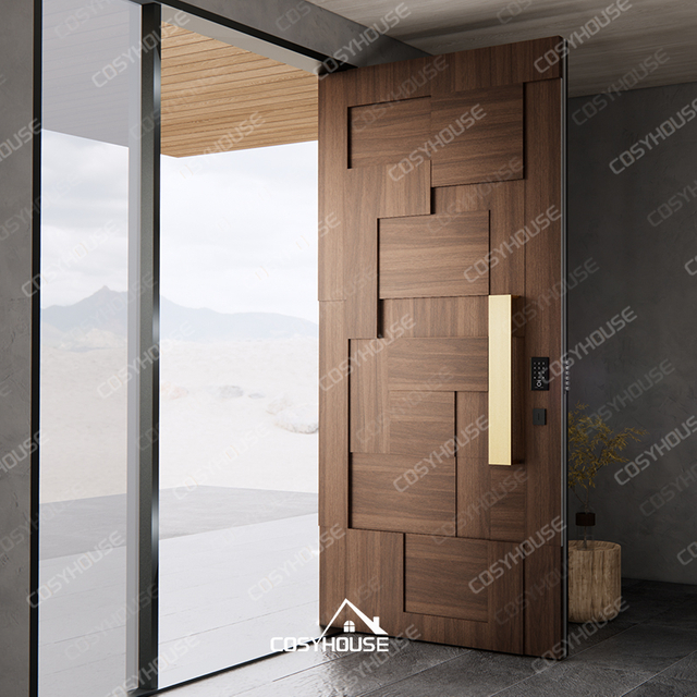 3D raised panel solid wood entry door with geometric design and metal handle