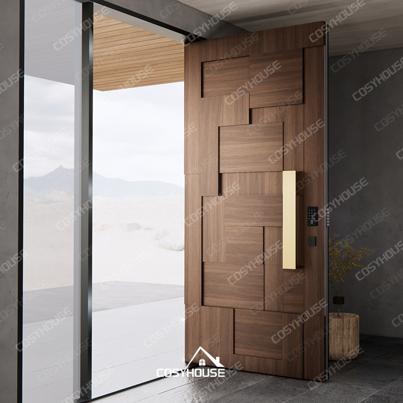 3D raised panel solid wood entry door with geometric design and metal handle