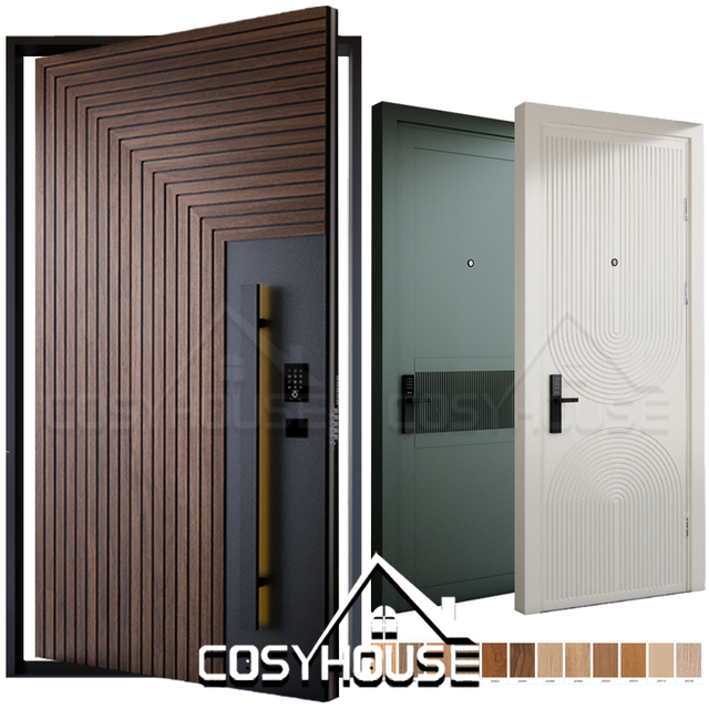 Luxury aluminium and wood villa entrance door with glass panels