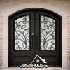 Decorative iron villa entrance door with arched double opening and glass panels