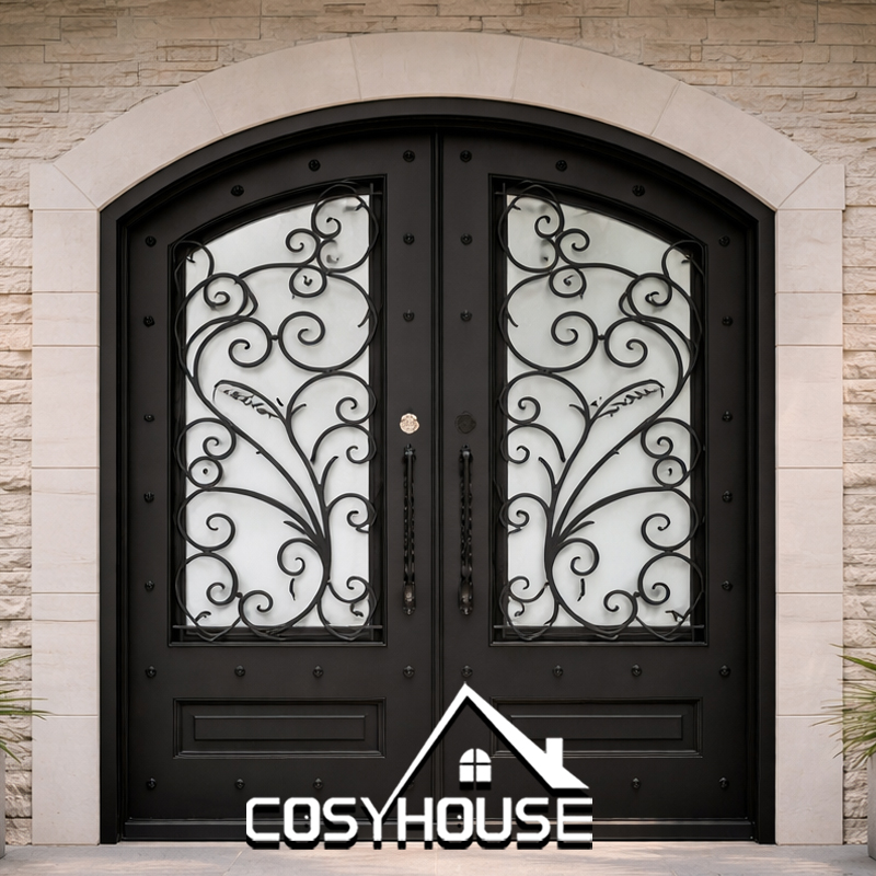 Decorative iron villa entrance door with arched double opening and glass panels