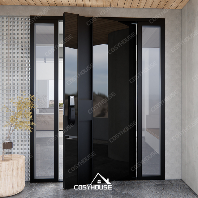 High gloss mirror stainless steel entry door with sidelights and smart lock