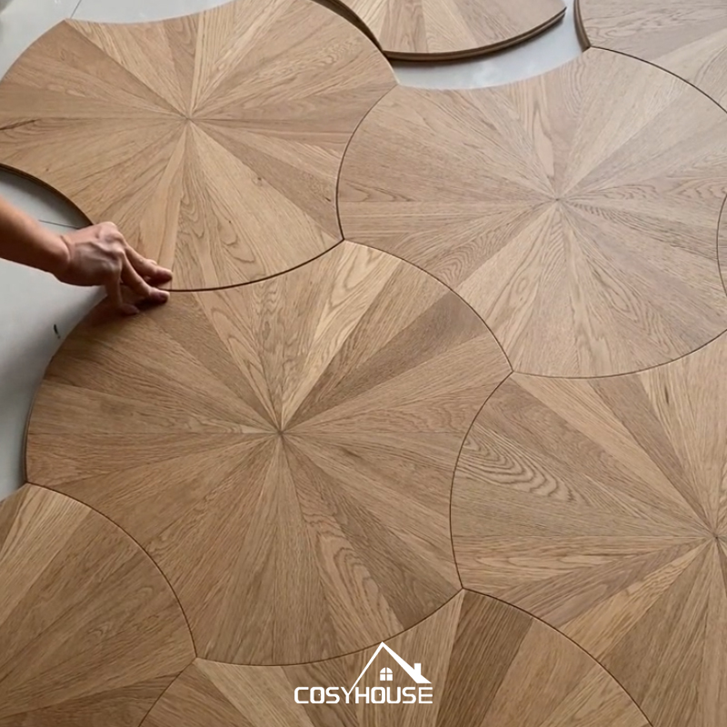 Circular sunburst oak parquet flooring