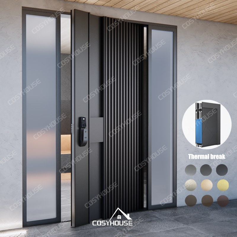 Fluted thermal break aluminum entry door with double glass panels