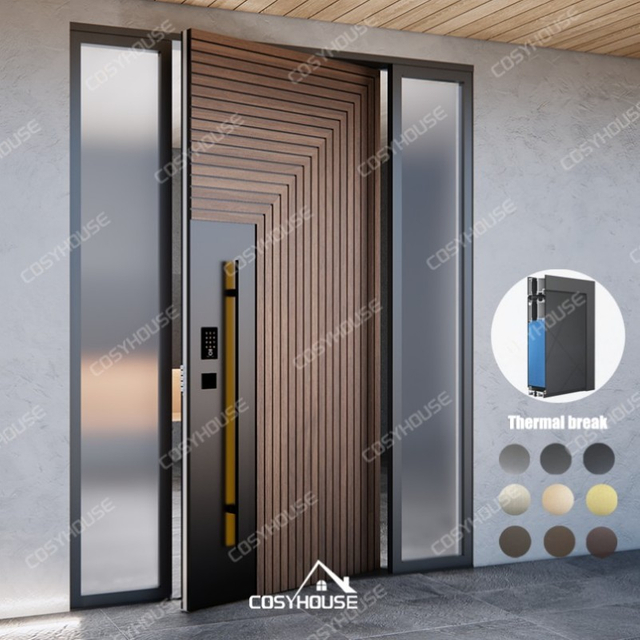 Cosyhouse Thermal Break Aluminum Pivot Entry Door with Fluted Design And Side Glass Panels