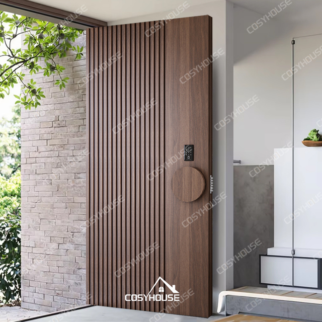 Minimalist Fluted Black Walnut Wood Pivot Front Door with Round Wooden Handle