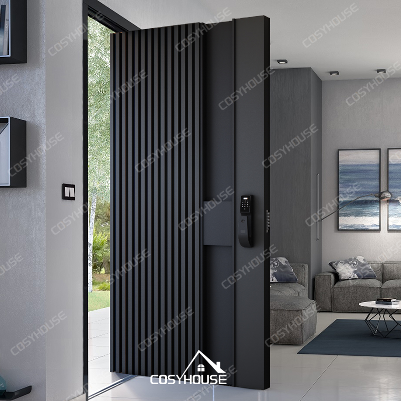 Modern steel security pivot front door with smart lock