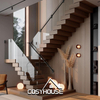 Modern L shaped floating wood staircase with glass railing for luxury residential interior
