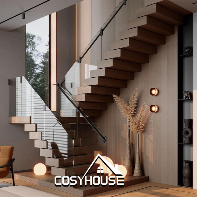 Modern L shaped floating wood staircase with glass railing for luxury residential interior
