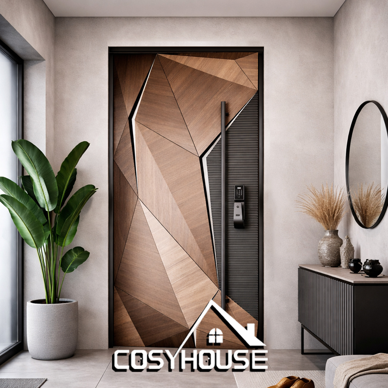 Geometric wood pivot exterior door with integrated smart lock