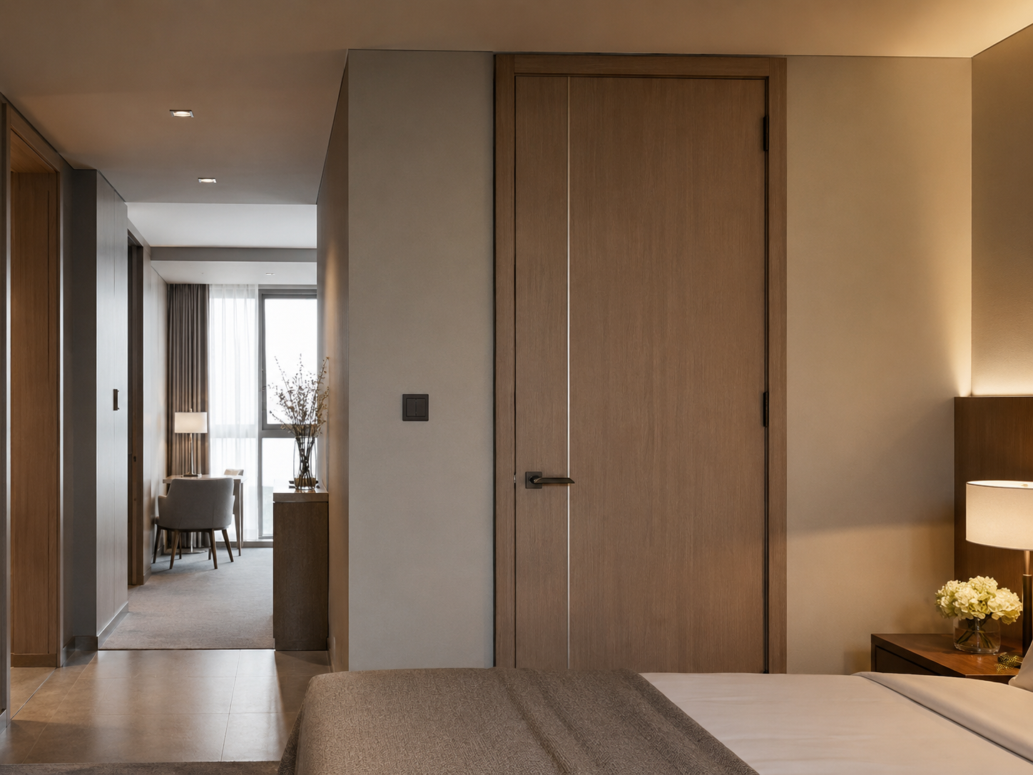 Engineered wood interior door for hotel and apartment projects