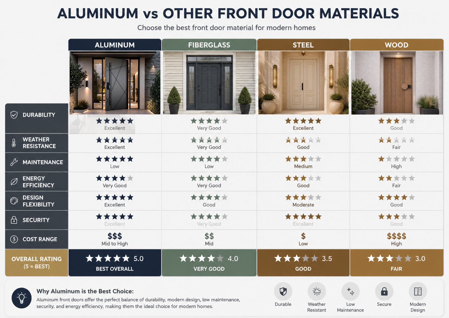 Comparison of aluminum fiberglass steel and wood front door materials